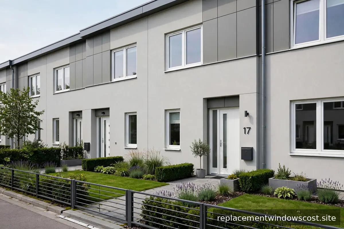 Reihenhaus mit weißen Kunststofffenstern