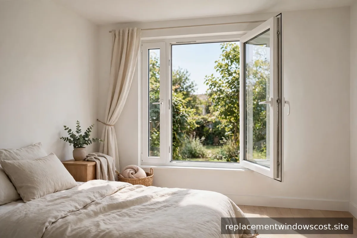 Offenes Kunststofffenster im Schlafzimmer