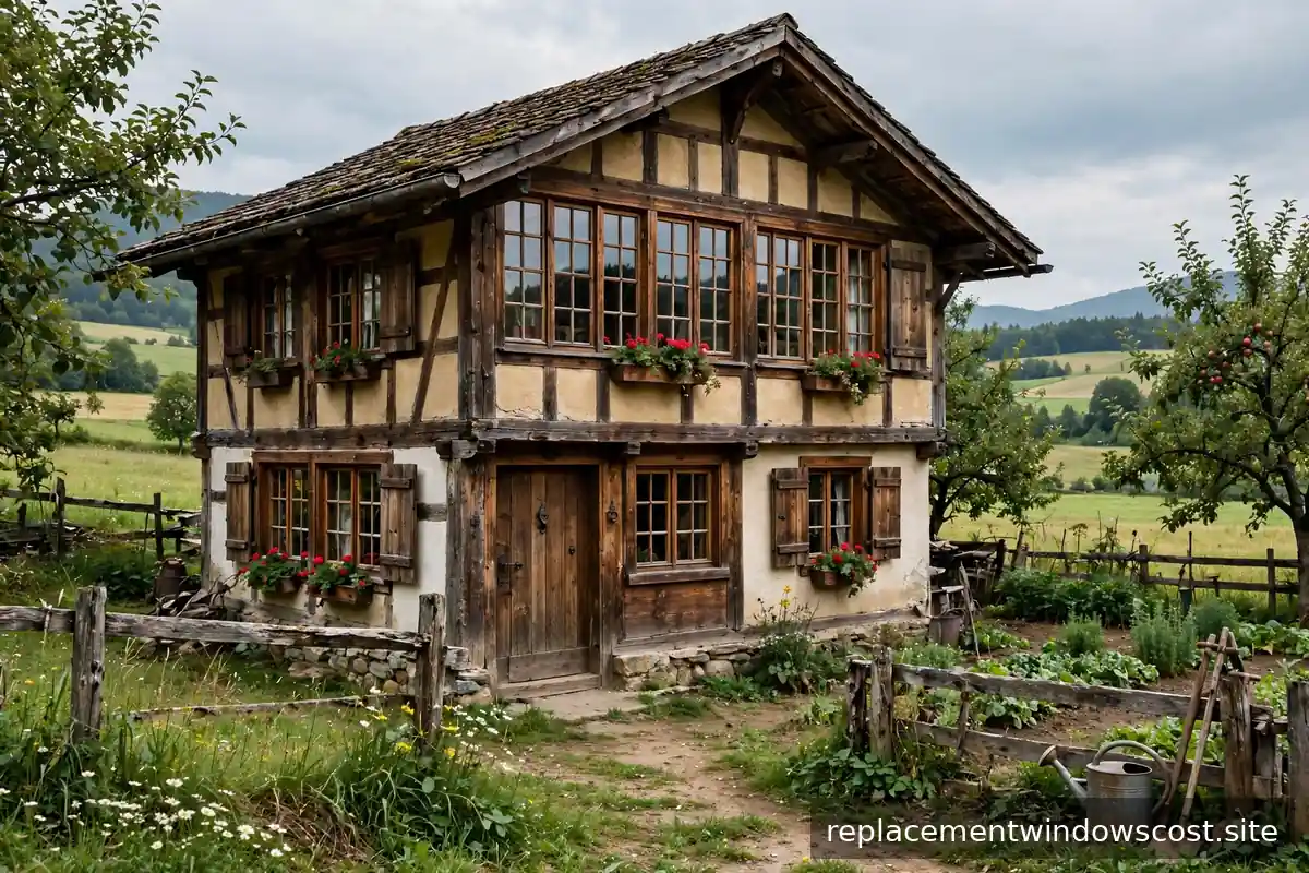 Traditionelles Haus mit Holzfenstern und Sprossen