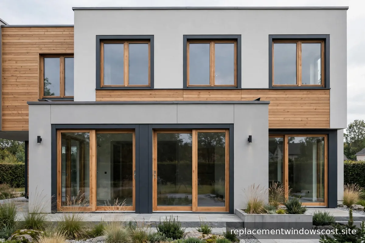 Hausfassade mit Holz-Alu-Fenstern in Anthrazit