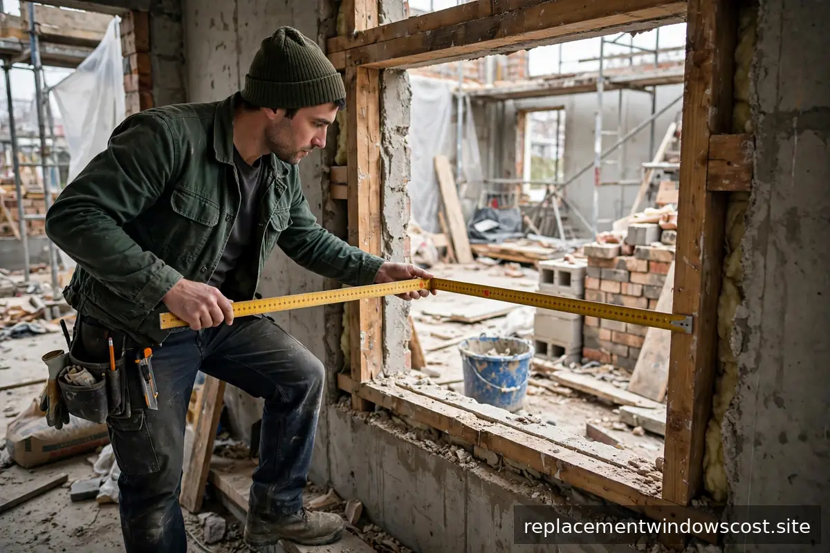 Handwerker misst eine Fensteröffnung mit Zollstock