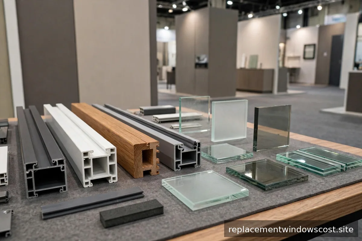 Fensterprofile und Glasproben in einer Ausstellung