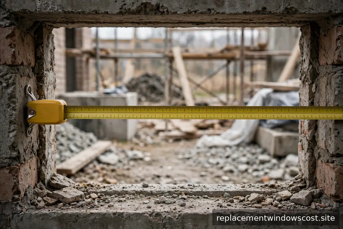 Maßband über einer Fensteröffnung auf der Baustelle