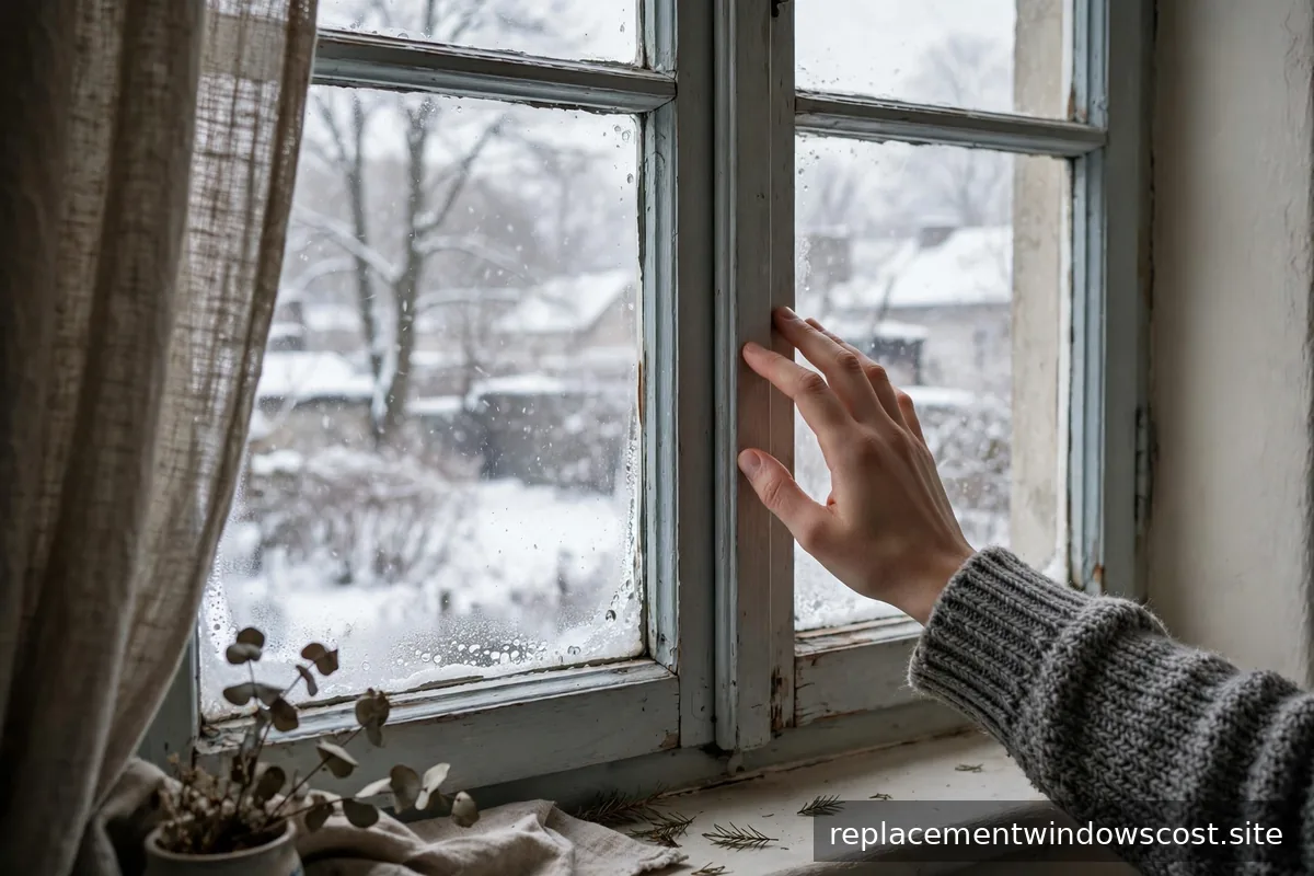 Hand prüft einen Fensterrahmen auf Zugluft