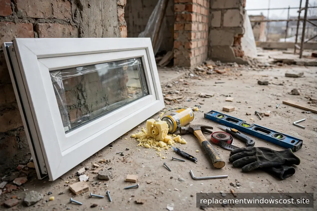 Werkzeug und Montageschaum neben einem Fensterrahmen