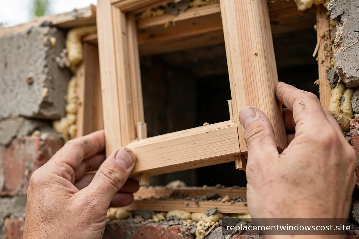 Hände richten einen Fensterrahmen in der Öffnung aus