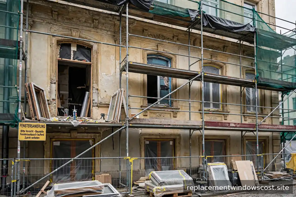 Gerüst vor einer Altbaufassade bei der Sanierung