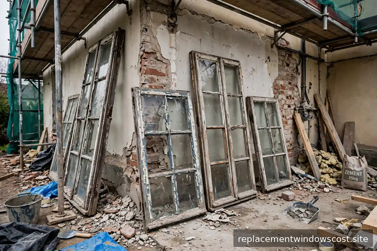 Ausgebaute alte Fenster an einer Hauswand