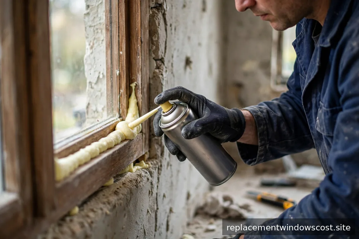 Handwerker trägt Montageschaum um einen Fensterrahmen auf