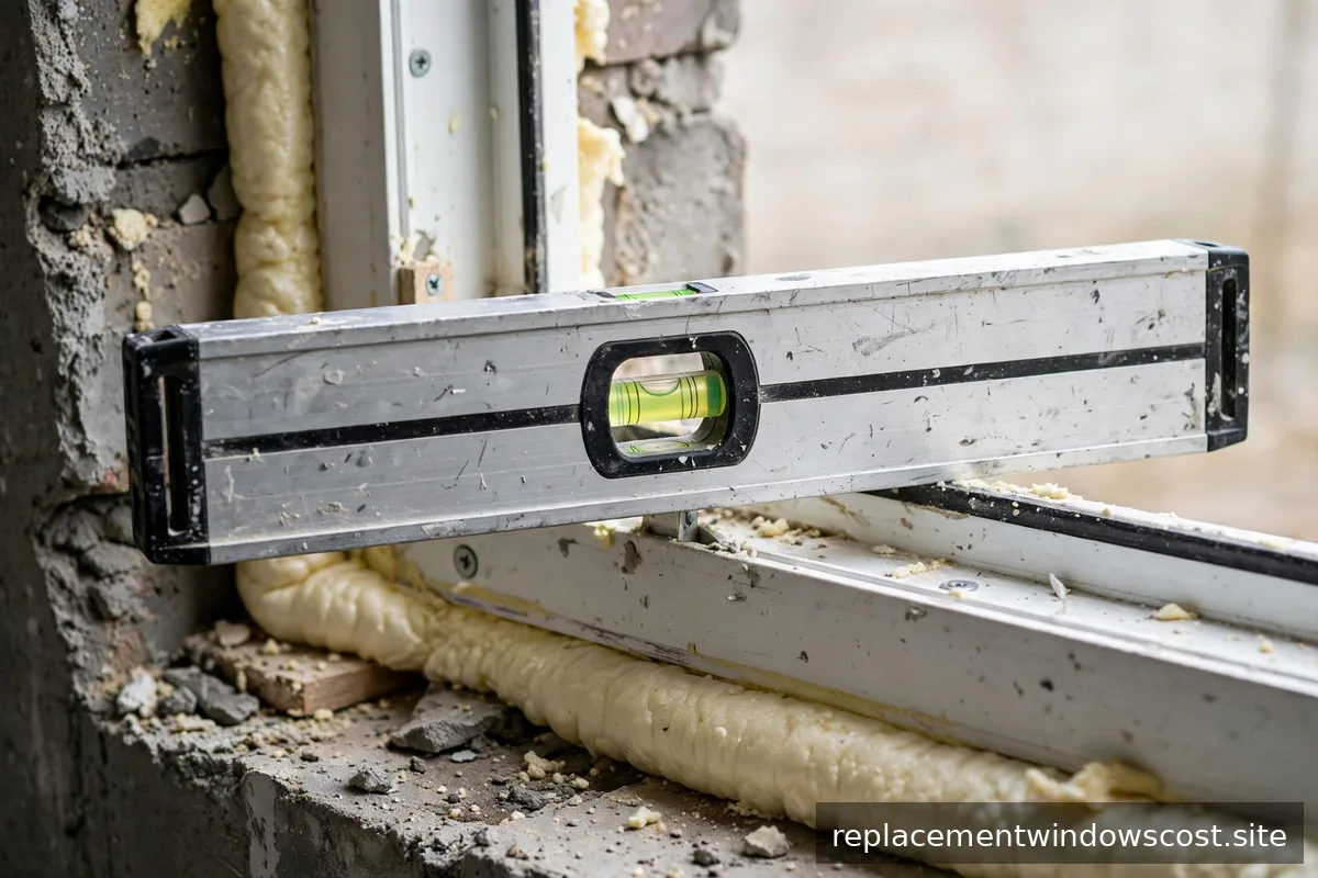 Wasserwaage auf einem Fensterrahmen bei der Montage