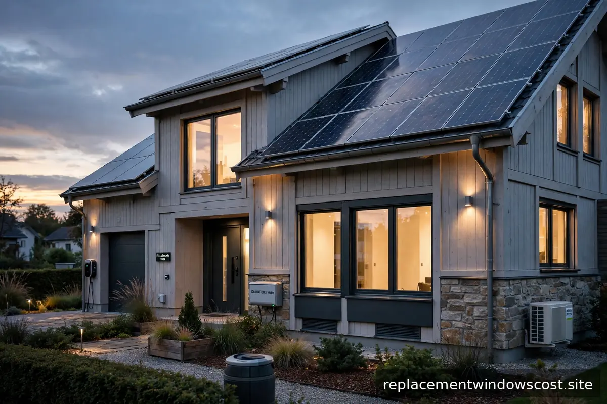 Energieeffizientes Haus mit Solaranlage bei Abendstimmung